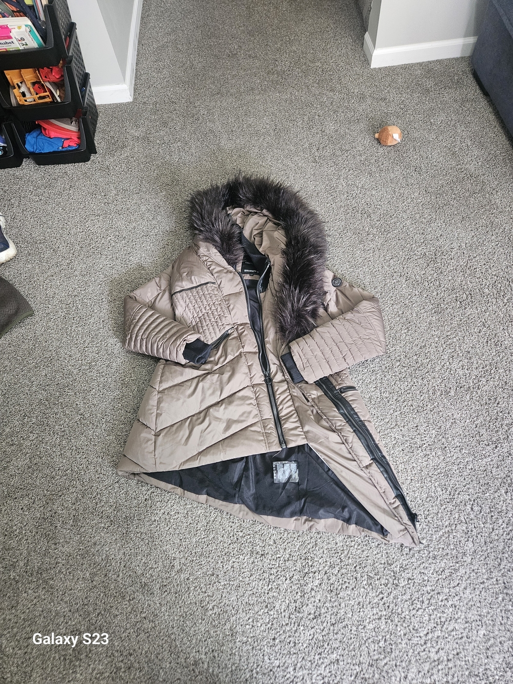 Noize Taupe Quilted Puffer Coat with Faux Fur Hood